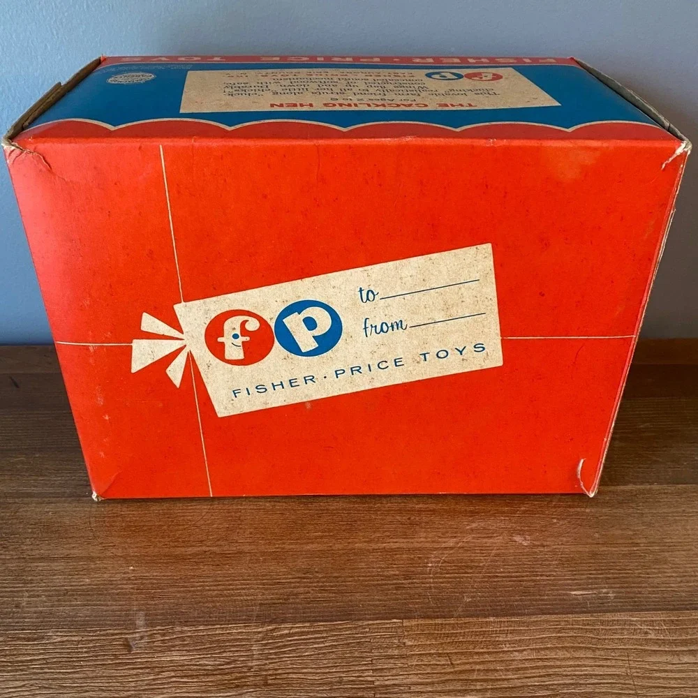 Vintage Fisher Price The Cackling Hen 120 Wooden Pull Toy with Original Box